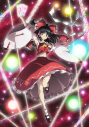 Rule 34 | 1girl, anime coloring, ankle socks, armpits, ascot, black eyes, black hair, bobby socks, bow, breasts, closed mouth, danmaku, detached sleeves, energy ball, fantasy seal, frilled shirt collar, frilled skirt, frills, full body, glowing, gohei, hair bow, hair tubes, hakurei reimu, legs, long hair, long sleeves, looking at viewer, lunamoon, mary janes, medium breasts, midriff, midriff peek, navel, nontraditional miko, ofuda, outstretched arms, parted bangs, red bow, red shirt, red skirt, ribbon-trimmed sleeves, ribbon trim, sarashi, shirt, shoes, sidelocks, skirt, sleeveless, sleeveless shirt, smile, socks, solo, split mouth, spread arms, touhou, underboob, white socks, wide sleeves