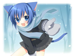 Rule 34 | 1girl, animal ears, bad id, bad pixiv id, blue eyes, blue hair, blue scarf, cat ears, coat, fang, matching hair/eyes, mittens, onka, open mouth, original, outstretched arm, outstretched hand, reaching, scarf, skirt, smile, snow, solo, usashiro mani
