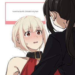Rule 34 | 2girls, bare shoulders, black hair, black jacket, blonde hair, blush, collarbone, commentary, dress, ear blush, english text, eye contact, fafayu, highres, inoue takina, jacket, long hair, looking at another, lycoris recoil, marshmallow (site), multiple girls, nishikigi chisato, official alternate costume, open mouth, ponytail, red dress, red eyes, short hair, simple background, sleeveless, sleeveless dress, sweatdrop, symbol-only commentary, upper body, white background, yuri