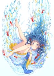Rule 34 | 1girl, :o, absurdres, akiran&#039;nu, bad id, bad twitter id, blue eyes, blue hair, blue kimono, blush, bracelet, fish, floating hair, frilled kimono, frills, goldfish, hair ribbon, highres, japanese clothes, jewelry, kimono, leg up, long hair, looking at viewer, original, parted lips, red ribbon, ribbon, sash, simple background, solo, thighs, water, white background, wide sleeves