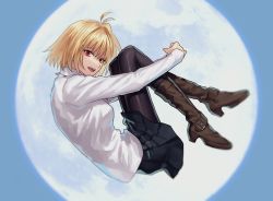 Rule 34 | 1girl, :d, antenna hair, arcueid brunestud, arms up, belt boots, black pantyhose, blonde hair, blue skirt, blurry, boots, breasts, brown footwear, depth of field, floating, from side, highres, huge moon, hugging own legs, jewelry, knees together feet apart, looking at viewer, miniskirt, moon, moonlight, necklace, night, open mouth, outdoors, pantyhose, pleated skirt, qingtianmian, red eyes, shiny clothes, shiny legwear, short hair, skirt, slit pupils, smile, solo, sweater, tsukihime, tsukihime (remake), turtleneck, turtleneck sweater, white sweater