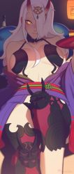 Rule 34 | 1girl, andrea vaeyl, breasts, commentary, cosplay, cup, fate/grand order, fate (series), hair over one eye, horns, japanese clothes, kimono, large breasts, long hair, looking at viewer, obi, off shoulder, open clothes, open kimono, original, purple kimono, razalor, reclining, revealing clothes, sakazuki, sash, shuten douji (fate), shuten douji (fate) (cosplay), skin-covered horns, solo, white hair, yellow eyes