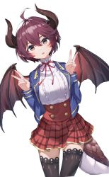 Rule 34 | 1girl, absurdres, ahoge, black thighhighs, blue jacket, double v, dragon girl, dragon horns, dragon tail, dragon wings, grea (shingeki no bahamut), high-waist skirt, highres, horns, jacket, looking at viewer, mushi (1756559585), plaid, plaid skirt, pointy ears, purple hair, red eyes, red skirt, shingeki no bahamut, shirt, short hair, simple background, skirt, solo, tail, thighhighs, v, white background, white shirt, wings, zettai ryouiki