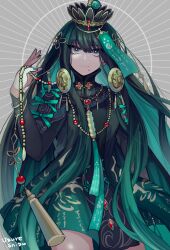 Rule 34 | 1girl, aqua hair, aqua nails, beads, black hair, cape, chinese clothes, colored inner hair, cowboy shot, dress, grey eyes, hand up, headgear, high collar, highres, jewelry, liarhatter, long hair, long sleeves, looking at viewer, mole, mole under mouth, multicolored hair, nail polish, necklace, punishing: gray raven, qu (punishing: gray raven), ribbon trim, smile, solo, talisman, tsurime, very long hair
