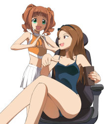 Rule 34 | 2girls, a1 (initial-g), bare shoulders, bikini, breasts, brown eyes, brown hair, chair, cleavage, crossed legs, cup, green eyes, hairband, idolmaster, idolmaster (classic), legs, medium breasts, midriff, minase iori, multiple girls, navel, one-piece swimsuit, open mouth, pleated skirt, sitting, skirt, small breasts, smile, swimsuit, takatsuki yayoi