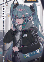Rule 34 | 1girl, absurdres, aqua eyes, aqua hair, bag, beamed eighth notes, black jacket, chinese commentary, commentary, hair ornament, hair scrunchie, hand grip, hand on headphones, hatsune miku, headphones, headphones around neck, highres, hood, hooded jacket, jacket, looking at viewer, musical note, musical note print, scrunchie, shoulder bag, solo, taowu (20809), train interior, upper body, vocaloid