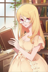 Rule 34 | 1girl, blonde hair, book, bow, dress, glasses, library, long hair, lowres, pink eyes, ribbon, rosa pacifica, rose pacifica, rose witch rosa, smile, solo, sword girls