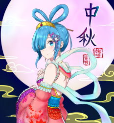 Rule 34 | 1girl, alternate costume, alternate hairstyle, bare shoulders, blue background, blue eyes, blue hair, breasts, chang&#039;e, chinese clothes, closed mouth, commentary request, detached sleeves, dress, earrings, flower knot, frilled sleeves, frills, grey background, hagoromo, hair ornament, hand up, highres, jewelry, looking at viewer, medium breasts, mid-autumn festival, moon, pink dress, pink sleeves, re:zero kara hajimeru isekai seikatsu, rem (re:zero), shawl, short hair, solo, translation request, wei miao, x hair ornament