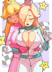 Rule 34 | 2girls, bandana, belt, biker peach, biker rosalina, blonde hair, blue bandana, blue eyes, blue gemstone, blush, bodysuit, border, breasts, brooch, bursting breasts, checkered flag, cleavage, clenched hand, closed eyes, cowboy shot, crown, earrings, female focus, flag, gem, gloves, grey headwear, hair flaps, hair over one eye, hands up, highres, jewelry, large breasts, lipstick, long hair, looking at another, makeup, mario (series), mario kart, materclaws, multiple girls, nintendo, no bra, one eye covered, open bodysuit, open clothes, open mouth, outside border, parted lips, pink bodysuit, pink gloves, princess peach, red gemstone, red lips, rosalina, shiny skin, sidelocks, standing, star (symbol), star earrings, super star (mario), teeth, u u, unzipping, white bodysuit, white border, white gloves, yellow headwear, yuri, zipper pull tab