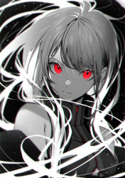 Rule 34 | 1girl, absurdres, black background, greyscale, high collar, highres, kuwashima rein, long hair, looking at viewer, monochrome, original, red eyes, sleeveless, solo, spot color, zipper, zipper pull tab