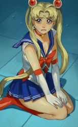 Rule 34 | 1girl, bishoujo senshi sailor moon, bishoujo senshi sailor moon s, black footwear, blonde hair, blue eyes, blue sailor collar, blue skirt, boots, bow, breasts, brooch, choker, cleavage, crescent, crescent earrings, derivative work, diadem, earrings, elbow gloves, full body, gloves, hair over shoulder, heart, heart brooch, heart choker, highres, jewelry, long hair, meme, mossacannibalis, parted bangs, pleated skirt, red bow, red choker, sailor collar, sailor moon, sailor moon redraw challenge (meme), sailor senshi uniform, screenshot redraw, seiza, shadow, shirt, sitting, skirt, sleeveless, sleeveless shirt, solo, tsukino usagi, twintails, very long hair, white gloves, white shirt