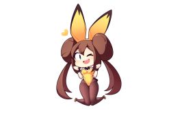 Rule 34 | 1girl, alternate costume, animal ears, black pantyhose, blue eyes, blush, brown hair, chibi, commission, creatures (company), double bun, fake animal ears, fizintine, full body, game freak, gen 2 pokemon, hair bun, hairband, heart, high heels, highres, leotard, long hair, looking at viewer, nintendo, one eye closed, open mouth, pantyhose, pichu, playboy bunny, pokemon, pokemon (creature), pokemon bw2, rabbit ears, rosa (pokemon), simple background, smile, solo, teeth, twintails, upper teeth only, yellow footwear