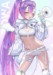 Rule 34 | 1girl, absurdres, belt, breasts, buckle, colored inner hair, demon girl, demon tail, demon wings, gloves, goggles, goggles on head, green eyes, highres, hololive, kkato, long hair, long sleeves, looking at viewer, megaphone, midriff, multicolored hair, navel, navel piercing, official alternate costume, piercing, pink hair, purple hair, short shorts, shorts, small breasts, snap-fit buckle, solo, streaked hair, tail, thigh belt, thigh strap, tokoyami towa, tokoyami towa (5th costume), virtual youtuber, white belt, white gloves, white hair, white shorts, wings
