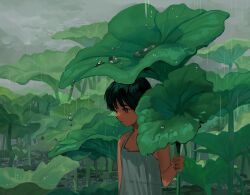 Rule 34 | 1girl, absurdres, black eyes, black hair, blush, closed mouth, commentary request, dress, expressionless, grey dress, grey eyes, hand up, highres, holding, holding plant, leaf umbrella, lily pad, looking ahead, lotus leaf, myango (applemangocrape), original, outdoors, overcast, oversized plant, plant, pond, rain, short hair, sky, sleeveless, sleeveless dress, solo, water, water drop