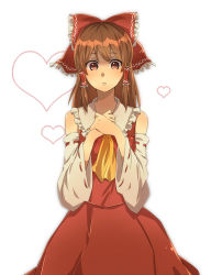 Rule 34 | 1girl, bad id, bad pixiv id, blush, bow, brown eyes, brown hair, detached sleeves, female focus, hair bow, hakurei reimu, own hands clasped, hands on own chest, heart, japanese clothes, miko, own hands together, red eyes, rinoko (imoko), solo, touhou