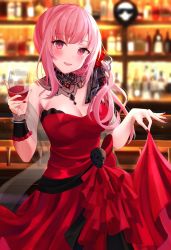 Rule 34 | 1girl, bar (place), blurry, blurry background, breasts, cleavage, cowboy shot, cup, dress, drinking glass, highres, holding, holding cup, hololive, hololive english, ibuki sho, looking at viewer, mori calliope, mori calliope (3rd costume), nail polish, open mouth, pink eyes, pink hair, red dress, skull, smile, solo, strapless, virtual youtuber, wine glass