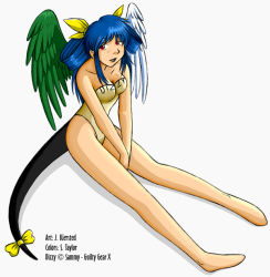 Rule 34 | 1girl, arc system works, asymmetrical wings, bad anatomy, bad feet, bad proportions, bare shoulders, between thighs, blue hair, bow, breasts, casual one-piece swimsuit, cleavage, dizzy (guilty gear), feet, guilty gear, medium breasts, one-piece swimsuit, poorly drawn, red eyes, ribbon, school swimsuit, shadow, sitting, solo, swimsuit, tail, tail bow, tail ornament, tail ribbon, thighs, v arms, wings