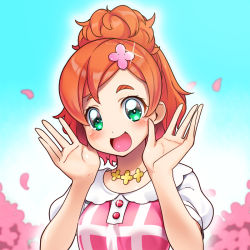 Rule 34 | 1girl, :d, blush, flower, flower necklace, go! princess precure, green eyes, hair flower, hair ornament, haruno haruka, jewelry, necklace, open mouth, precure, red hair, saradabul komaki, short hair, smile, solo, upper body