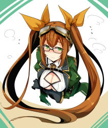 Rule 34 | 1girl, bespectacled, black-framed eyewear, blush, breasts, brown hair, cleavage, cleavage cutout, clothing cutout, embarrassed, flying sweatdrops, frederica (sennen sensou aigis), glasses, goggles, goggles on head, green eyes, hair ribbon, highres, large breasts, long hair, looking away, ogami kazuki, ribbon, sennen sensou aigis, solo, twintails, upper body, very long hair, white background