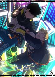 Rule 34 | 2boys, black eyes, black footwear, black hair, black hood, black jacket, black pants, black sleeves, blonde hair, blue pants, blunt ends, chromatic aberration, cityscape, clenched teeth, commentary request, denim, feet out of frame, from above, full body, highres, holding another&#039;s arm, hood, hood down, hooded jacket, jacket, jeans, kageyama shigeo, long sleeves, looking at another, male focus, mob psycho 100, multicolored clothes, multicolored jacket, multiple boys, mumu (mm mp100), nervous, nervous sweating, open mouth, pants, pointing, pointing up, red footwear, reigen arataka, shoes, short hair, signature, smile, sneakers, sweat, teeth, thick eyebrows, triangle mouth, two-tone jacket, two-tone sleeves, white jacket, white sleeves, zipper