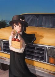 Rule 34 | 1girl, bag, black hat, black necktie, bow, brown eyes, brown hair, burger, car, collared shirt, day, fjsmu, food, hat, hat bow, highres, holding, holding bag, holding food, long sleeves, looking at viewer, motor vehicle, necktie, open mouth, outdoors, paper bag, shirt, short hair, solo, sports utility vehicle, touhou, usami renko, white bow, white shirt