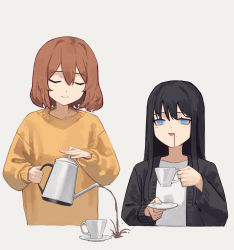 Rule 34 | 2girls, absurdres, black cardigan, black hair, blue eyes, brown hair, cardigan, closed eyes, coffee cup, cup, disposable cup, failure, hair between eyes, highres, hime cut, holding, holding cup, long hair, long sleeves, medium hair, mole, mole under eye, mole under mouth, multiple girls, no pupils, open cardigan, open clothes, original, shirt, sidelocks, simple background, smile, spilling, sweater, triangle mouth, white background, white shirt, yellow sweater, yoon cook