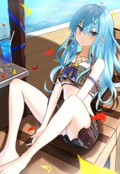 Rule 34 | 1girl, absurdres, arms between legs, blue eyes, blue hair, blush, breasts, highres, hololive, hoshimachi suisei, hoshimachi suisei (1st costume), legs, long hair, looking at viewer, nishiki yuno, petals, plaid, plaid skirt, plaid swimsuit, shadow, skirt, small breasts, solo, swimsuit, swimsuit skirt, tropical drink, virtual youtuber
