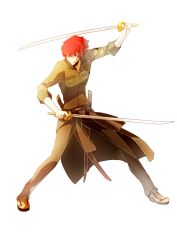 Rule 34 | 1boy, dual wielding, fighting stance, grin, holding, katana, minazuki sho, persona, persona 4: the ultimate in mayonaka arena, red hair, scar, short hair, grey eyes, smile, sword, tagme, weapon