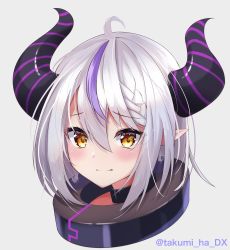 Rule 34 | 1girl, ahoge, alternate hair length, alternate hairstyle, blush, braid, collar, commentary, highres, hololive, holox, horns, la+ darknesss, multicolored hair, pointy ears, portrait, purple hair, short hair, signature, silver hair, smile, streaked hair, striped horns, takumin dx, virtual youtuber, white background, yellow eyes