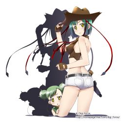 Rule 34 | 2girls, :&lt;, arksign, ass, bare back, bare shoulders, blush, bustier, cactus, character request, cowboy, cowboy hat, cowboy western, cropped legs, double bun, fingerless gloves, from behind, gloves, green hair, gun, hair bun, hand on headwear, hat, holster, kimura shigetaka, lingerie, looking back, multiple girls, personification, ribbon, short hair, short shorts, shorts, simple background, staring, tareme, tsurime, underwear, weapon, western, yellow eyes