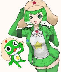 Rule 34 | 1girl, adeshi (adeshi0693119), black eyes, bow, bowtie, elbow gloves, frog, gloves, green hair, hat, highres, jacket, kemono friends, kemono friends 3, keroro, keroro (kemono friends), keroro gunsou, kneehighs, looking at viewer, multicolored hair, one eye closed, open mouth, shirt, short hair, simple background, skirt, socks, star (symbol), two-tone hair, white hair