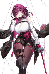 Rule 34 | 1girl, absurdres, bare shoulders, black footwear, black shorts, boots, breasts, cleavage, cleavage cutout, clothing cutout, commentary request, eyewear on head, feet out of frame, freeeeeeeeeee, gloves, head tilt, high-waist shorts, highres, holding, holding sword, holding weapon, honkai: star rail, honkai (series), kafka (honkai: star rail), large breasts, long hair, long sleeves, looking at viewer, pantyhose, pantyhose under shorts, parted lips, purple eyes, purple gloves, purple hair, shirt, short shorts, shorts, simple background, smile, solo, standing, sunglasses, sword, thigh boots, thigh strap, thighs, weapon, white background, white shirt