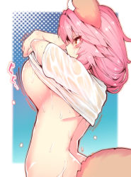 Rule 34 | 1girl, animal ear fluff, animal ears, bottomless, breasts, butt crack, clothes lift, commentary request, convenient censoring, fate/grand order, fate (series), fox ears, fox girl, fox tail, from side, large breasts, lifting own clothes, no bra, pink hair, shirt, shirt lift, short sleeves, solo, tail, tamamo (fate), tamamo no mae (fate/extra), tamamo no mae (swimsuit lancer) (fate), tamamo no mae (swimsuit lancer) (first ascension) (fate), wet, wet clothes, wet shirt, white shirt, wisespeak, yellow eyes