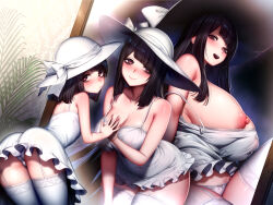 Rule 34 | 3girls, age progression, black hair, blush, breasts, cleavage, commentary request, different reflection, dress, eatora, fern, garter straps, hasshaku-sama, hat, highres, huge breasts, large breasts, long hair, looking at viewer, medium hair, multiple girls, nipples, off shoulder, one breast out, open mouth, original, panties, pantyshot, partial commentary, red eyes, reflection, sleeveless, sleeveless dress, smile, thighhighs, underwear, white dress, white headwear, white panties, white thighhighs
