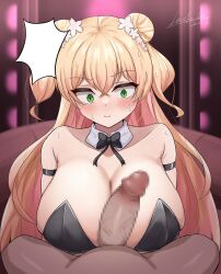Rule 34 | 1boy, 1girl, alternate costume, bare shoulders, black bow, black bowtie, black leotard, blonde hair, blush, bow, bowtie, breasts, censored, cleavage, closed mouth, commentary, detached collar, double bun, green eyes, hair bun, hashira 14, hetero, highres, hololive, huge breasts, imminent paizuri, leotard, long hair, looking at penis, looking down, momosuzu nene, mosaic censoring, paid reward available, penis, playboy bunny, pov, pov crotch, signature, solo focus, strapless, strapless leotard, surprised, sweat, traditional bowtie, upper body, v-shaped eyebrows, variant set, virtual youtuber, wide-eyed