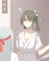 Rule 34 | !, 10s, 2girls, breasts, cleavage, hickey, japanese clothes, kantai collection, kinosita ginkou, messy hair, multiple girls, shoukaku (kancolle), small breasts, surprised, trembling, twintails, wide-eyed, zuikaku (kancolle)