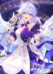Rule 34 | 1girl, absurdres, aqua eyes, bare shoulders, bracelet, detached sleeves, dress, earrings, facial mark, gloves, hair between eyes, halo, head wings, highres, holding, holding microphone stand, honkai: star rail, honkai (series), jewelry, long hair, looking at viewer, microphone stand, musical note, open mouth, purple dress, reaching, reaching towards viewer, robin (honkai: star rail), short sleeves, single earring, smile, solo, teeth, two-tone dress, upper teeth only, white dress, white gloves, wings, yugake (mrnmrm)