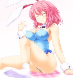 Rule 34 | 1girl, animal ears, bare legs, bare shoulders, blue leotard, bow, bowtie, breasts, checkered floor, cleavage, detached collar, closed eyes, fake animal ears, female focus, large breasts, leotard, pink hair, playboy bunny, rabbit ears, rabbit tail, reg (artist), saigyouji yuyuko, short hair, sitting, smile, socks, solo, tail, touhou, wrist cuffs