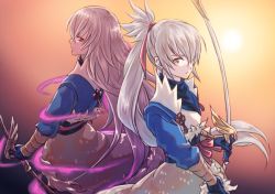 Rule 34 | 2boys, bow (weapon), fire emblem, fire emblem fates, gloves, holding, holding bow (weapon), holding weapon, japanese clothes, long hair, looking at viewer, multiple boys, nintendo, ponytail, red eyes, takumi (fire emblem), very long hair, weapon, white hair, yoneko