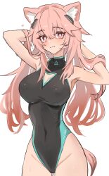 Rule 34 | 1girl, :3, absurdres, alternate costume, animal ears, arknights, arms behind head, bare shoulders, black one-piece swimsuit, blush, breasts, cleavage cutout, closed mouth, clothing cutout, commentary request, competition swimsuit, cowboy shot, gravel (arknights), groin, heart, highleg, highleg swimsuit, highres, large breasts, light smile, long hair, looking at viewer, one-piece swimsuit, pink eyes, pink hair, prairie dog ears, shino duka, simple background, solo, swimsuit, triangle print, turtleneck, wet, white background