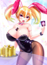 Rule 34 | 1girl, :d, animal ears, astreah, bad id, bad pixiv id, bare shoulders, between breasts, black leotard, blonde hair, blush, bow, bowtie, breasts, brown pantyhose, card, coin, covered navel, detached collar, fake animal ears, gold coin, holding, holding card, huge breasts, leaning forward, leotard, open mouth, original, pantyhose, pink bow, playboy bunny, purple eyes, rabbit ears, simple background, smile, solo, table, transparent table, twintails, wristband