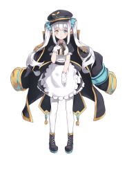 Rule 34 | 1girl, apron, ark order, artist request, black bow, black dress, black footwear, black hat, blue eyes, boots, bow, bowtie, coat, coat on shoulders, dress, epaulettes, food, gloves, hand on own chest, hat, heterochromia, highres, holding, kagura gumi, kagura mea, long hair, maid, military hat, official art, pantyhose, puffy short sleeves, puffy sleeves, short sleeves, smile, smirk, solo, tachi-e, transparent background, twintails, very long hair, virtual youtuber, white gloves, white pantyhose, yellow eyes