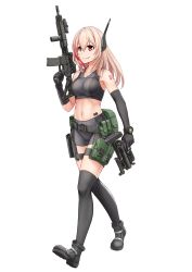 Rule 34 | 1girl, absurdres, barcode, barcode tattoo, bike shorts, bra, breasts, elbow gloves, girls&#039; frontline, gloves, grenade launcher, grey bra, grey shorts, gun, highres, holster, jpc, long hair, m4 sopmod ii, m4 sopmod ii (girls&#039; frontline), medium breasts, multicolored hair, navel, pink hair, pouch, red eyes, red hair, rifle, shorts, shoulder tattoo, single elbow glove, smile, solo, sports bra, streaked hair, tattoo, thigh holster, thigh pouch, thighhighs, underwear, walking, weapon, white background