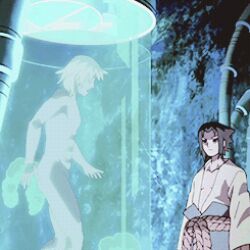 Rule 34 | animated, animated gif, black hair, bubble, clothed male nude male, cropped, exposed chest, hoozuki suigetsu, looking at another, multiple boys, naruto (series), naruto shippuuden, nude, rope belt, shirt, stare down, uchiha sasuke, unbuttoned, unbuttoned shirt, water tank, white hair, white shirt