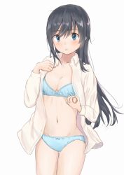 Rule 34 | 10s, 1girl, asashio (kancolle), black hair, blue bra, blue eyes, blue panties, bow, bow bra, bow panties, bra, highres, kantai collection, kei201107, long hair, long sleeves, open clothes, open shirt, panties, partially undressed, shirt, simple background, solo, training bra, underwear, white background, white shirt