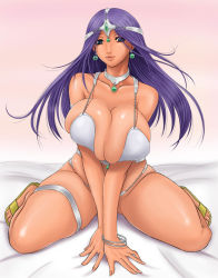 Rule 34 | 1girl, blue eyes, bra, breasts, breasts squeezed together, chunsoft, circlet, cleavage, collarbone, dark-skinned female, dark skin, dragon quest, dragon quest iv, enix, hip focus, huge breasts, jewelry, kneeling, lingerie, long hair, manya (dq4), necklace, plump, purple hair, sandals, solo, thighs, toguchi masaya, underwear, wide hips