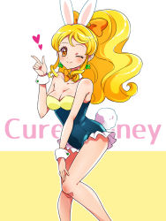 Rule 34 | alternate costume, animal ears, big hair, blonde hair, blush, bow, brooch, brown eyes, character name, closed mouth, clover earrings, cure honey, detached collar, detached sleeves, fake animal ears, hair bow, hand on own knee, hand up, happinesscharge precure!, heart, heart brooch, kagami chihiro, leotard, long hair, looking at viewer, magical girl, one eye closed, oomori yuuko, playboy bunny, ponytail, precure, rabbit ears, rabbit tail, smile, solo, tail, wink