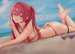 Rule 34 | 1girl, absurdres, ass, bare shoulders, barefoot, beach, bikini, blue sky, blush, breasts, cleavage, collarbone, unworn eyewear, feet, heart, heart-shaped eyewear, heterochromia, highres, hololive, houshou marine, houshou marine (summer), jewelry, large breasts, licking lips, long hair, looking at viewer, lying, necklace, on stomach, quatthro, red bikini, red eyes, red hair, shore, sky, smile, soles, solo, sunglasses, swimsuit, the pose, tinted eyewear, toes, tongue, tongue out, twintails, v, virtual youtuber, yellow eyes