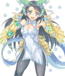 Rule 34 | &gt;:d, 1girl, :d, armor, armpits, bad id, bad pixiv id, bare shoulders, black hair, black pantyhose, blue dress, blue eyes, blush, breasts, china dress, chinese clothes, cleavage, cleavage cutout, clothing cutout, cowboy shot, double m/, dragon girl, dragon horns, dragon tail, dress, elbow gloves, fins, flower, gloves, hair ornament, head fins, highres, horns, karin (p&amp;d), kukkumann, long hair, looking at viewer, m/, open mouth, pantyhose, puzzle &amp; dragons, scales, simple background, sleeveless, sleeveless dress, smile, solo, spikes, tail, tail ornament, v-shaped eyebrows, vambraces, very long hair, white background, white dress