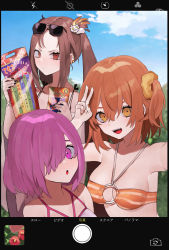 Rule 34 | 3girls, bands, bebe (bebe pp), bikini, bikini top only, black nails, blue sky, blush, breasts, brown eyes, brown hair, camera phone, cellphone, cloud, commentary, commentary request, ear piercing, eyebrows, eyelashes, eyewear on head, fate/grand order, fate (series), fingernails, forehead, fujimaru ritsuka (female), fujimaru ritsuka (female) (brilliant summer), glaring, hair between eyes, hair ornament, hair over one eye, highres, long hair, mash kyrielight, mash kyrielight (swimsuit of perpetual summer ver.02), multiple girls, nail polish, o-ring, o-ring bikini, official alternate costume, open mouth, orange eyes, orange hair, orange nails, phone, piercing, pink eyes, pink hair, scrunchie, short hair, sky, sunglasses, swimsuit, teeth, translation request, tree, v, wristband, yu mei-ren (fate), yu mei-ren (swimsuit lancer) (fate)